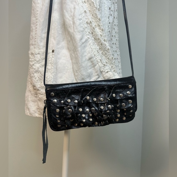 Susan Farber Y2K Leather Ruffle Studed Clutch or Crossbody Purse Black Boho - Picture 13 of 15